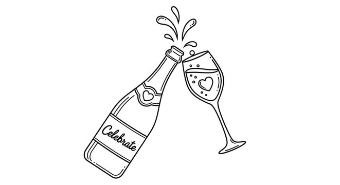 Champagne bottle and glass toasted celebration line art