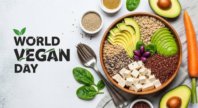 Quinoa healthy meal with tofu avocado carrot spinach and seeds for world vegan day