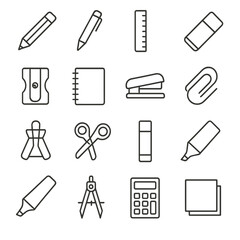 School supplies linear icon set. featuring pencil, ruler, eraser, sharpener, notebook, scissors, calculator, paperclip