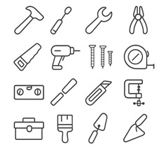 Fototapeta premium Construction tools linear icon set. featuring hammer, screwdriver, wrench, pliers, saw, drill, nails, tape measure