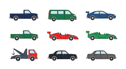 Fototapeta premium Side view of various vehicles including pickup truck van sedan sports car and tow truck