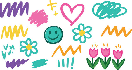 Fototapeta premium Playful hand-drawn doodle set with hearts, smiley, flowers, lines