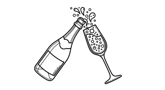 Hand drawn champagne bottle and glass toasting celebration