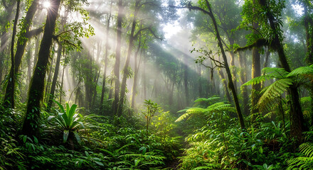 Fototapeta premium Sunbeams Filtering Through Dense Rainforest Canopy