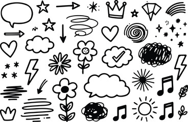 Hand Drawn Doodle Elements Set - Cute Scribbles, Arrows, Stars, and Nature Icons