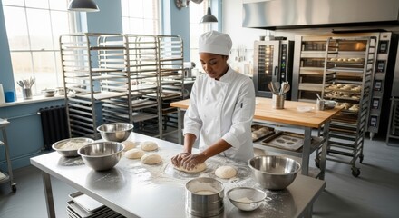 Dedicated female chef meticulously kneads fresh dough by hand, creating delicious artisanal bread and pastries in a modern commercial bakery kitchen