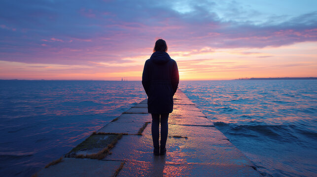 Pier sunset silhouette of person holding fishing rod, gentle waves and pastel sky, contemplative waterside mood, with copy space
