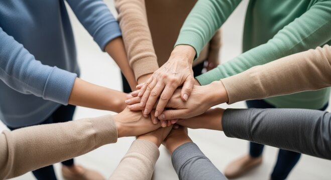 Diverse people's hands stack together, demonstrating powerful unity, support, and community across different generations in a vibrant connection