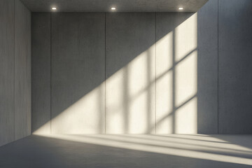 Obraz premium Dramatic light and shadow on a concrete wall and floor. The strong sunlight creates a striking contrast of light and dark on the minimalist interior.