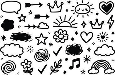 Hand Drawn Doodle Elements Set - Cute Scribbles, Arrows, Stars, and Nature Icons