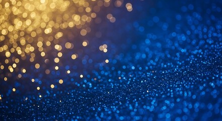 Abstract blue and gold bokeh background with sparkling light effects