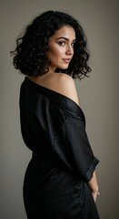 Fototapeta premium Young woman with curly hair posing in elegant black outfit indoors 