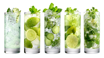 Refreshing Mojito Cocktails Collection Variety in Glasses with Lime Cucumber and Mint Isolated on Transparent Background