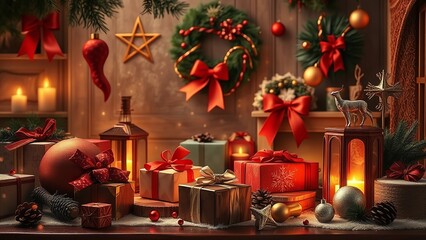 Flat-lay arrangement of festive Christmas decorations including red bows, sparkling ornaments, candy canes, stars, wrapped gifts, and greenery on a soft winter background, creating a cheerful and eleg