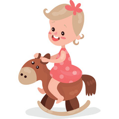 Joyful little girl with blonde hair wearing a pink polka dot dress rides a brown rocking horse with a red bow in her hair against a transparent background