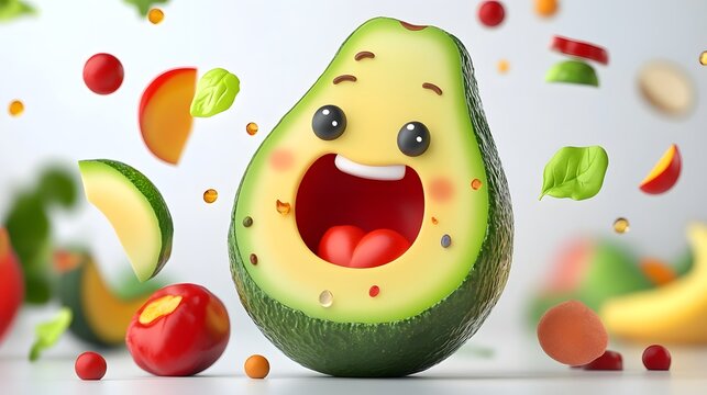 Cheerful Avocado Character with Smiling Face and Floating Produce
