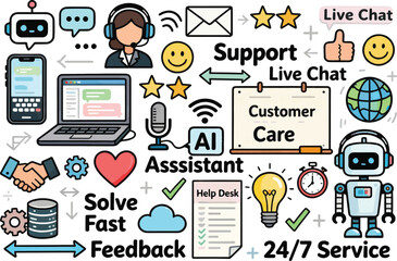 Hand Drawn Doodle Set: Customer Service, Live Chat, and AI Support System