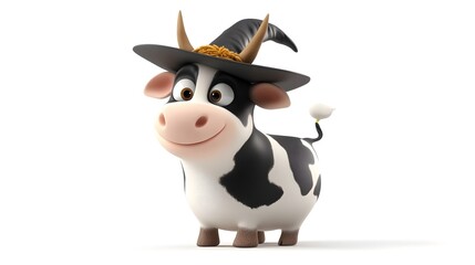 Obraz premium Cheerful Cartoon Cow Wearing a Magical Hat in a Whimsical Farm Scene