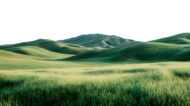 Rolling Green Grassy Hills Landscape with Distant Mountain Peak Isolated on Transparent Background - Powered by Adobe