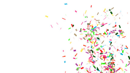 Colorful confetti spray along right edge with wide left copy space on transparent background 3D render