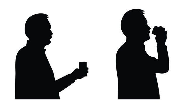 Bust Silhouette of Man Drinking from a Glass. People and drinks concept vector art