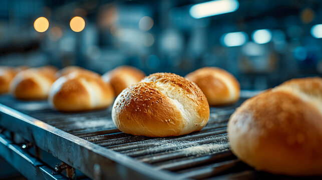 Freshly baked buns laid out in a row on a metal grate on the bakery's production line. They look appetizing and demonstrate the accuracy and quality of the baking process.