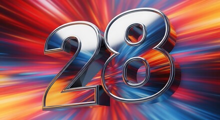 Dynamic metallic number twenty-eight against a vibrant, energetic burst of light and color, symbolizing speed, success, and digital progress