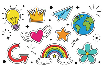 Cute Colorful Sticker Patch Doodle Set with Lightbulb, Rainbow, and Crown