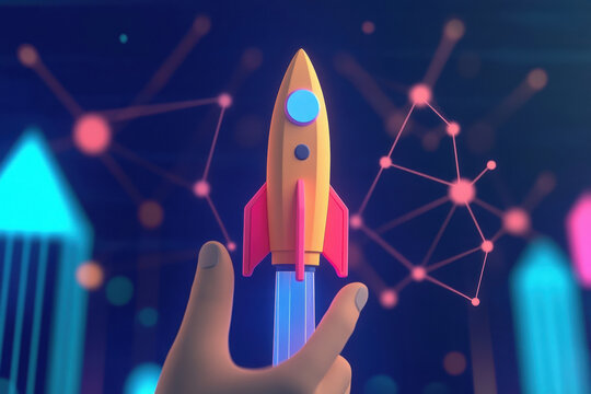 Cartoon rocket ship launch with hand, representing startup and innovation. A hand touches a rocket ship, symbolizing growth, progress, and the exciting journey of a new venture.