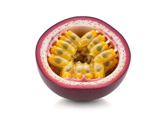 Exotic Purple Passion Fruit Cross-Section with Translucent Golden Arils on White