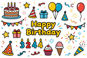 Happy Birthday Party Celebration Sticker and Doodle Element Set