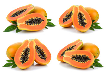 Fresh Papaya Fruit Collage: Vibrant Slices and Whole Fruits on White Background