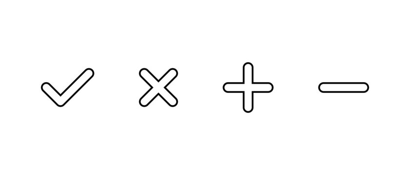 Check mark, cross, add, and remove icon in line style. Checkmark, X, plus, and minus symbol. Editable stroke