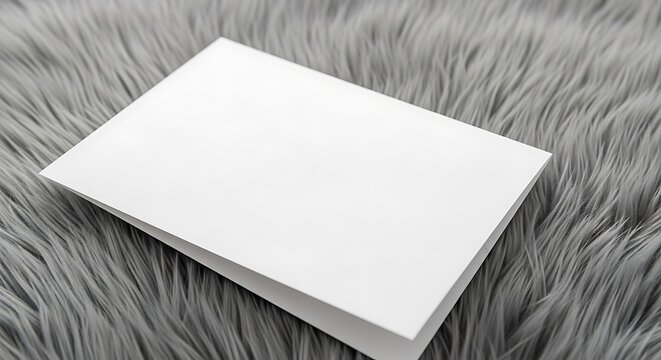 Blank white folded greeting card or invitation card mockup resting on a soft gray faux fur background, ready for custom design