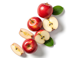 Fresh Red Apples: Whole, Sliced, and Leafy Arrangement on White