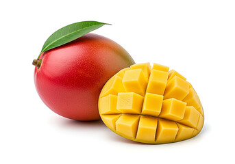 Fresh Mango Duo: Whole Fruit with Leaf and Diced Half, Isolated