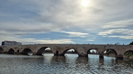 Ancient Roman stone bridge over Seyhan River in Adana, Turkey