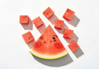 Geometric Watermelon: Cubes and Slice on White, Fresh Summer Still Life