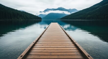 Tranquil lake scene with wooden pier leading to mountains nature landscape reflection