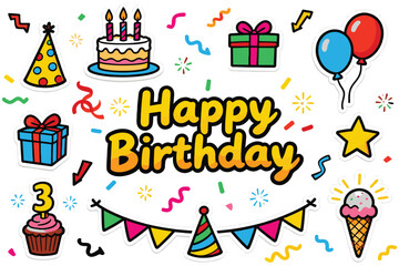 Happy Birthday Party Celebration Sticker and Doodle Element Set