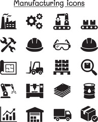 Manufacturing Vector Icon Sheet – Factory and Industry Silhouette Icons