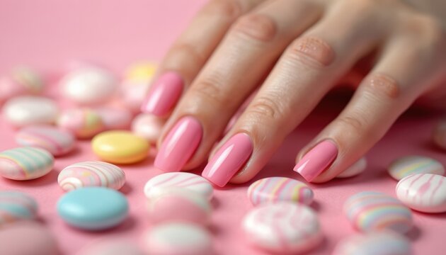 Woman hand with pink manicure touches colorful candies. Female fingers with stylish gel nail polish on sweet pastel dessert background. Beauty salon confectionery concept mixing self-care, indulgence.