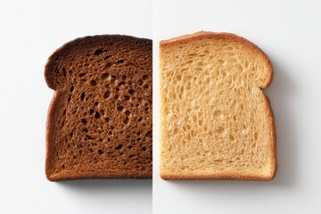Two slices of bread, one dark brown, one light golden