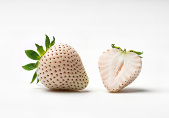 Pineberry Duo: Whole and Halved White Strawberries on White Background