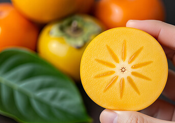Persimmon Slice Reveals Starburst Pattern, Held by Hand, Close-up, Macro Photography.