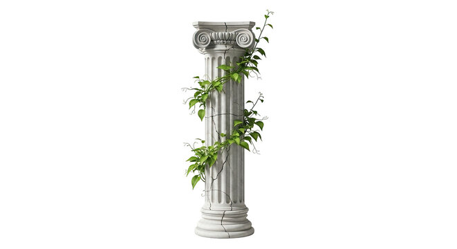A classical stone column with fluted shaft and ornate capital, entwined with green vines and small white flowers, isolated on a white background.