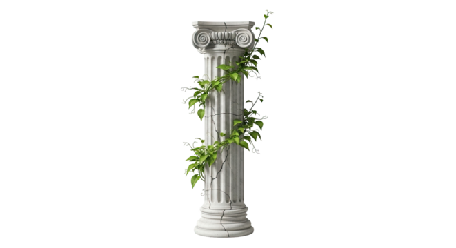 A classical stone column with fluted shaft and ornate capital, entwined with green vines and small white flowers, isolated on a white background.