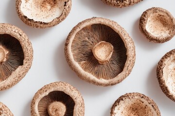 Dried mushroom caps arranged on a light gray background.  Flat lay, top view
