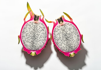 Vibrant Dragon Fruit Halves: Exotic Pink Skin, White Flesh, Black Seeds on White