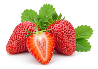 Trio of Luscious Ripe Strawberries with a Juicy Half Slice and Fresh Leaves Isolated on White.